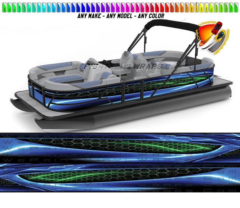 Puede incluir: Un dise&ntilde;o de envoltura de barco azul y negro con acentos verdes. El dise&ntilde;o presenta un patr&oacute;n de panal y un dise&ntilde;o ondulado. La envoltura est&aacute; dise&ntilde;ada para un barco pont&oacute;n.