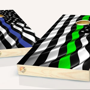 American Flag Black and White Thin Blue & Green Line Cornhole Board Vinyl Wrap Laminated Sticker Set