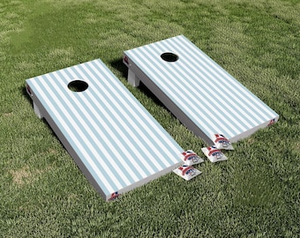 Juego de pegatinas laminadas de vinilo para tablero de cornhole con rayas azules, ideales para baby showers, aniversarios y bodas.