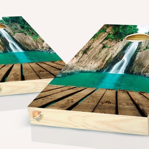 Waterfall  Cascade Forest  Cornhole Board Vinyl Wrap Laminated Decal Sticker Set