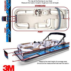 May include: Diagram showing how to measure the length and height of a pontoon boat for a custom boat wrap. The diagram shows a pontoon boat with a blue and white striped wrap. The text on the diagram reads: "Measure the area you want covered. Overall length of coverage area. To wrap all the fencing on your boat, Measure from arrow to arrow to get your over all length. Measure the total height of coverage area. Should be the measurement between the arrow. 3M ANY MAKE... ANY MODEL ANY COLOR"