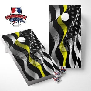 American Flag Wavy Black and White Thin Yellow Line Cornhole Board Vinyl Wrap Skins  Laminated Sticker Set Decal
