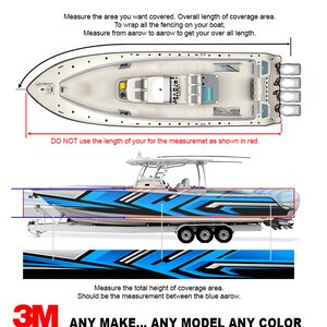 May include: A diagram showing how to measure the area you want to cover with a boat wrap. The diagram shows a boat from above and from the side. The text says to measure from arrow to arrow to get the overall length. It also says to not use the length of the boat as shown in red. The diagram also shows how to measure the total height of the coverage area. The text says that the measurement should be between the blue arrows. The image also includes the 3M logo and the text "ANY MAKE... ANY MODEL ANY COLOR".