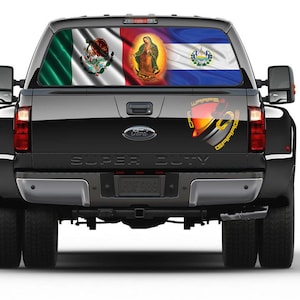 El Salvador and Mexican Flag Virgen de la Guadalupe Rear Window Tint Perforated Graphic Sticker Decal Trucks Cars Campers