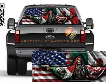 Mexicaanse en Amerikaanse vlag Santa Muerte Bandera de Mexico Achterruit geperforeerde grafische sticker Sticker Trucks Cars Campers