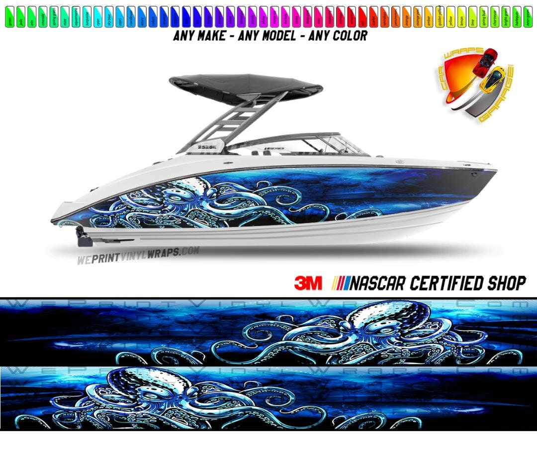 Octopus Blue and Black Graphic Vinyl Boat Wrap Decal Pontoon Sports ...