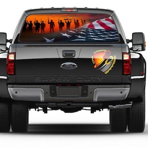 American Flag Soldiers Sunset Patriotic Military Rear Window Graphic Perforated Decal Vinyl Pickup Cars Campers Trucks