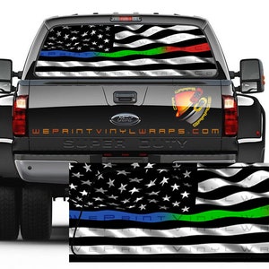 American Flag Black and White Thin Blue, Green & Red Line Police/Military/Fire Support FLAG Rear Window Perforated  Graphic Decal Truck Suv