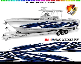 May include: A white boat with a blue, black, and white graphic design. The boat is on a trailer with wheels. The text "WEPRINT VINYLWRAPS.COM" and "3M NASCAR CERTIFIED SHOP" are visible on the image.