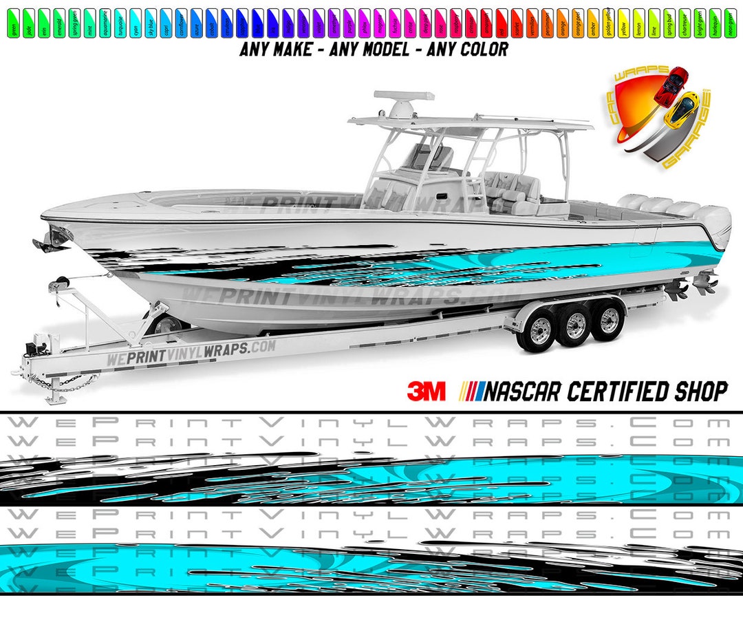 Aqua and Black Splatter Graphic Vinyl Boat Wrap Decal Fishing Pontoon