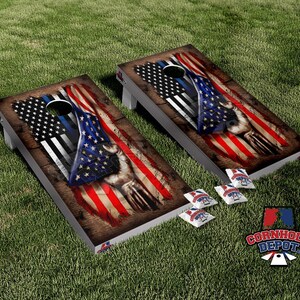 American/Black and White Thin Blue Line Flag Cornhole Board Vinyl Wrap Skins Laminated Sticker Set Decal