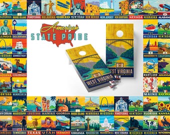 Conjunto de adesivos laminados em vinil para prancha de Cornhole com o tema do orgulho de cada estado americano.