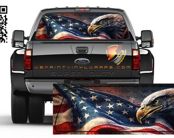 May include: A black pickup truck with a rear window decal featuring an American flag with an eagle in the corner. The decal has a distressed look and the text "WEPRINTVINYLWRAPS.COM" is visible on the truck. The truck is labeled "SUPER DUTY".