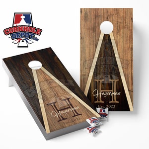Dark Wood Rustic Personalized Triangle Style Monogrammed Cornhole Board Vinyl Wrap Laminated Sticker Set Decal Anniversary Wedding Gifts