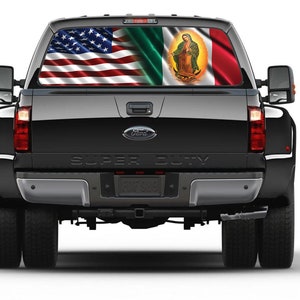 American and Mexican Flag Virgen de la Guadalupe Rear Window Perforated Vinyl Graphic Tint Sticker Trucks Cars Campers