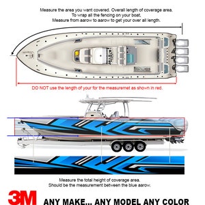 Puede incluir: Un diagrama que muestra c&oacute;mo medir el &aacute;rea que desea cubrir con una envoltura de barco. El diagrama muestra un barco desde arriba y desde un lado. El texto dice que se debe medir de flecha a flecha para obtener la longitud total. Tambi&eacute;n dice que no se debe utilizar la longitud del barco para la medici&oacute;n. El diagrama tambi&eacute;n muestra la altura total del &aacute;rea de cobertura, que debe medirse entre las flechas azules. El texto dice "Cualquier Marca... Cualquier Modelo Cualquier Color" y presenta el logotipo de 3M.