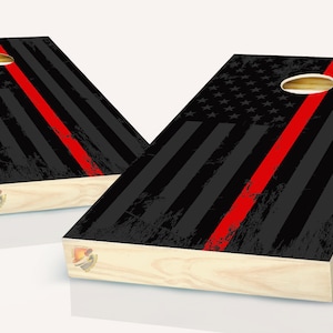 American Flag Black and Gray Thin Red Line Cornhole Board Vinyl Wrap Laminated Sticker Set Decal