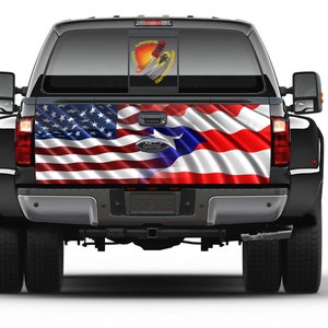 American & Puerto Rico Flag Tailgate Wrap Vinyl Graphic Decal Sticker Trucks Campers