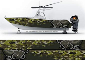 May include: A green and brown camouflage boat wrap with a catfish graphic. The wrap is designed for the side of a boat and includes the text "WINDOWPERFORATEDGRAPHICS.COM".