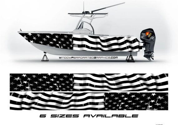 American Flag Black and White Patriotic Graphic Boat Vinyl Wrap Decal  Fishing Pontoon Sea Doo Chaparral Water Sports Etc.. Boat Wrap Decal 