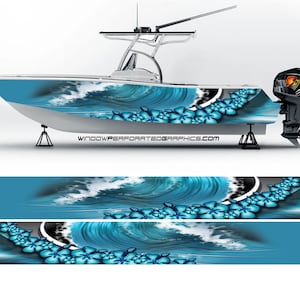 Grafica con fiori blu oceano per barca, involucro in vinile, pontone da pesca, moto d&#39;acqua Sea Doo, ecc. Decalcomania per avvolgimento della barca