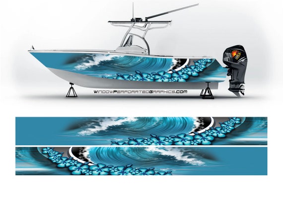 Ocean Blue Flowers Graphic Boat Vinyl Wrap Fishing Pontoon Sea Doo  Watercraft Etc.. Boat Wrap Decal 