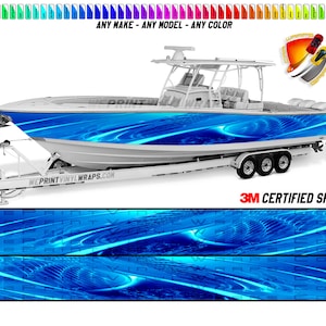 Azure Blue Wavy Graphic Vinyl Boat Wrap Decal Fishing Pontoon Sportsman Console Bowriders Deck Boat Watercraft  etc.. Boat Wrap Decal