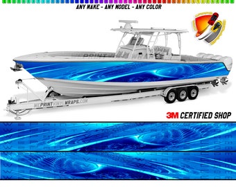 Azure Blue Wavy Graphic Vinyl Boat Wrap Decal Fishing Pontoon Sportsman Console Bowriders Deck Boat Watercraft  etc.. Boat Wrap Decal