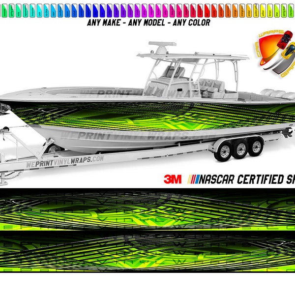 Lime Yellow Green Black Lines Graphic Vinyl Boat Wrap Decal Fishing Pontoon Sportsman Console Bowriders Deck Watercraft etc. Boat Wrap Decal