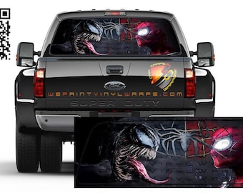 May include: Black truck with a rear window graphic of Venom and Spider-Man facing each other. The graphic is printed on a clear vinyl sticker. The truck has a "Super Duty" emblem on the tailgate.
