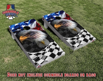American and Checkered Flag Eagle Cornhole Board Vinyl Wrap Skins Laminated Sticker Set Decal