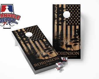 アメリカ国旗 森の木製 カスタム パーソナライズ 名前入り コーンホールボード ビニールラップスキン ラミネートステッカーセット デカール 記念日 結婚祝い