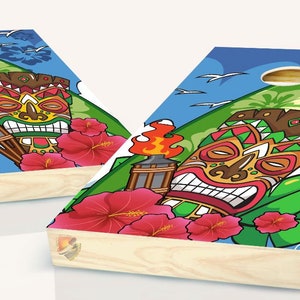 Cornhole Tiki Hut Hawaiian Tropical Board Vinyl Wrap Laminated Sticker Set