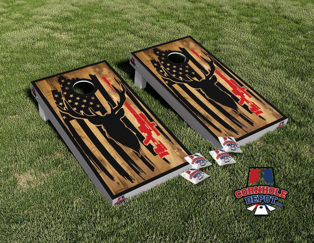 Rustic Wood Buck Deer American Flag Cornhole Board Decals - Custom Wrap Vinyl