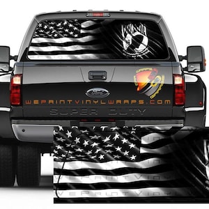 American Flag & POW MIA Black and White Rear Window Graphic Perforated Decal Vinyl Pickup Trucks Cars Campers