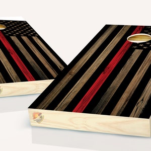 American Flag Thin Red Line Dark Wood Cornhole Board Vinyl Wrap Laminated Sticker Set Decal
