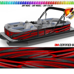 Puede incluir: Un dise&ntilde;o de envoltura de barco rojo y negro con un logotipo de 3M Certified Shop. El dise&ntilde;o presenta un fondo negro con l&iacute;neas rojas curvas.