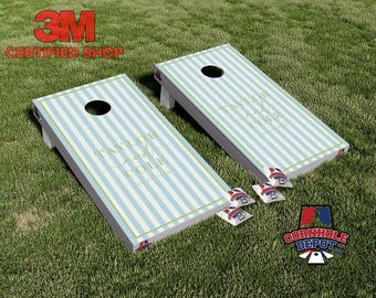 Conjunto de adesivos laminados personalizados com nome, listras azuis e verdes, para jogo de arremesso de sacos de milho (Cornhole), ideal para presentes de aniversário e casamento. **QUALQUER COR**