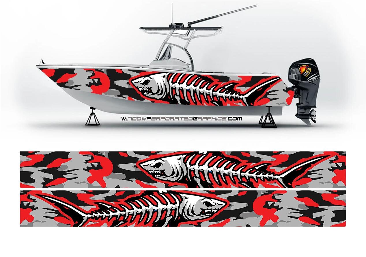 Redfish Rocker Panel Wrap Red Shark Fishbones Abstract Graphic Boat Vinyl Wrap Fishing Bass ...