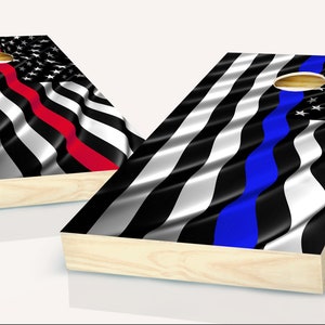 Cornhole American Flag Thin Blue & Red Line  Board Vinyl Wrap Laminated Sticker Set Decal