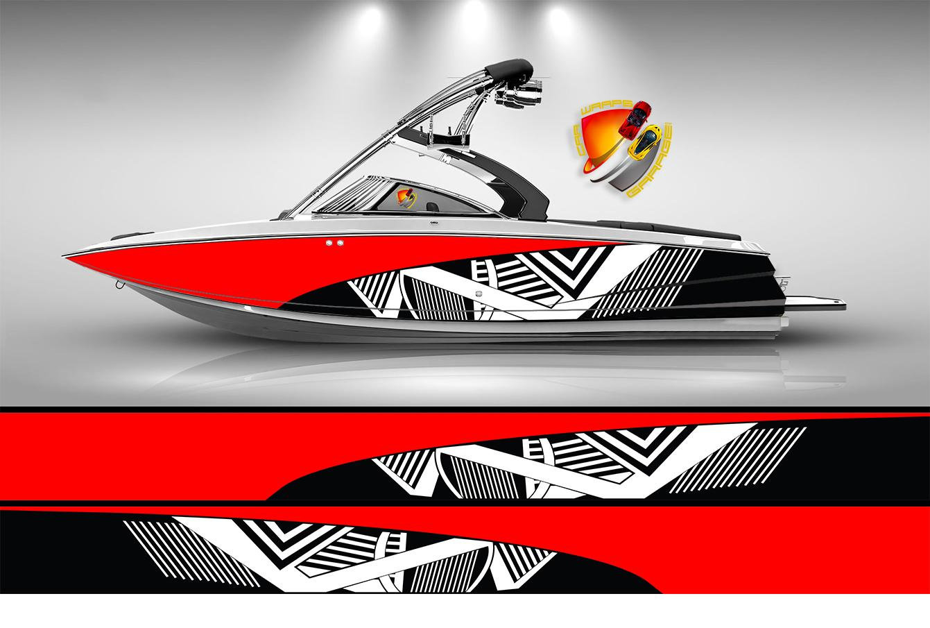 Red White Modern Lines Graphic Boat Wrap Decal Fishing - Finland