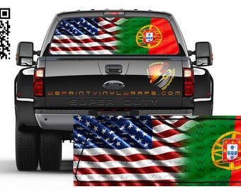 American and Portugal Flag Rear Window Perforated Graphic Decal Sticker Trucks Cars Campers