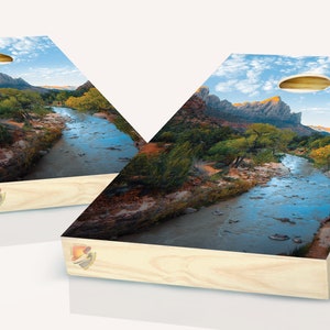 Mountain River  Cornhole Board Vinyl Wrap Laminated Decal Sticker Set