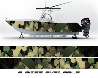 May include: A camouflage boat wrap design with a geometric pattern in shades of green, black, and beige. The design features a hexagonal pattern with lines and stripes. The text "WINDOWPERFORATEDGRAPHICS.COM" is visible on the boat. The text "6 SIZES AVAILABLE" is visible at the bottom of the image.