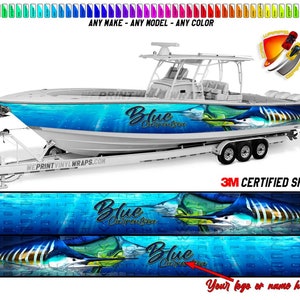 Marlins and Mahi Mahi Ocean Blue Custom Boat Name or Logo Graphic Vinyl Boat Wrap Fishing Pontoon Console Watercraft etc.. Boat Wrap Decal