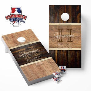 Personalized Monogrammed Dark and Light Brown Wood Cornhole Board Vinyl Wrap Laminated Sticker Decal Set Anniversary Birthday Wedding Gifts