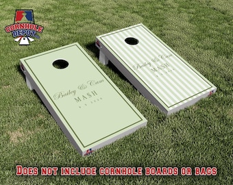 Custom Personalized Stripes Green Sage Elegant Cornhole Board Vinyl Wrap Laminated Sticker Decal Set Anniversary Wedding Gifts