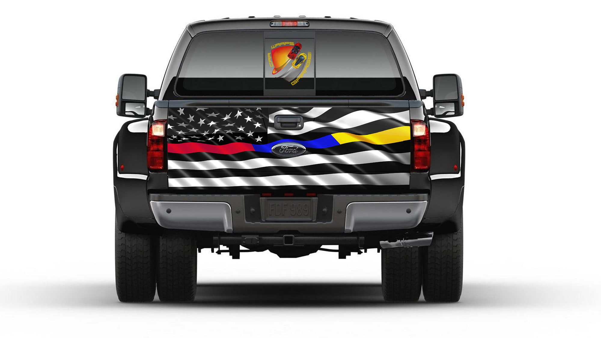 American Flag Black and White Thin Red, Blue & Gold Line Tailgate Truck Bed Decal