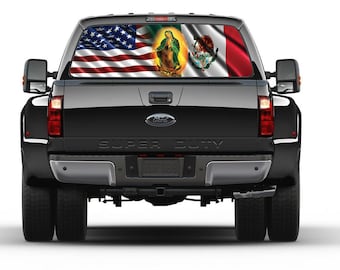 American and Mexican Flag Virgen de la Guadalupe Rear Window Tint Perforated Vinyl Graphic  Sticker Trucks Cars Campers