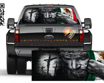 Adesivo gráfico perfurado com a bandeira mexicana e Jesus para o vidro traseiro de caminhões, carros, trailers e outros veículos recreativos.